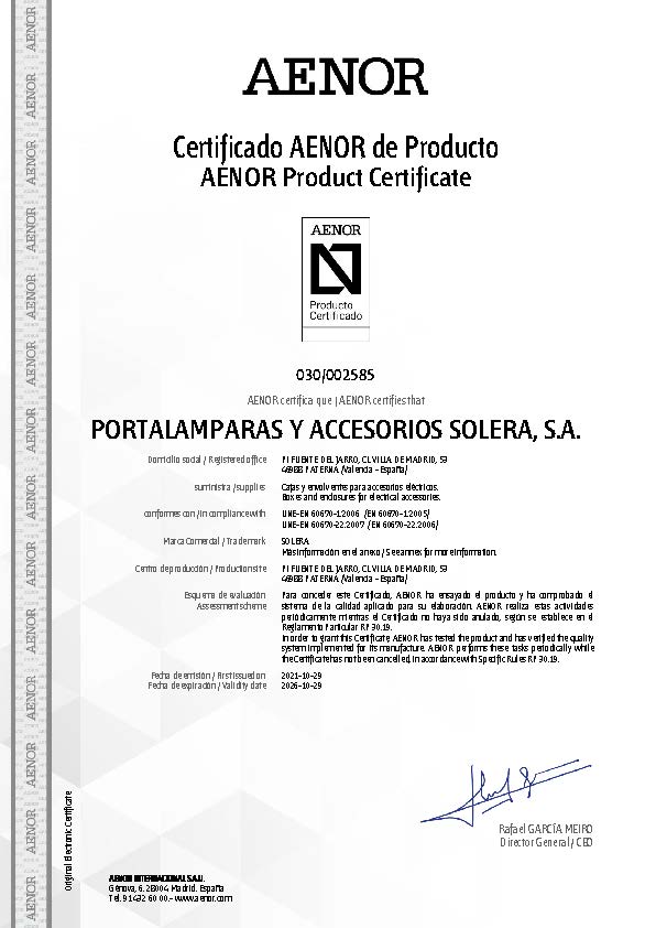 Certificado de producto AENOR para serie Blue de conexión