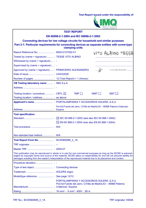 Certificato di prodotto IMQ Blocchi di connessione