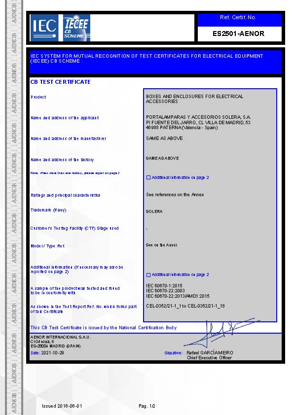 CB product certificate, back junction boxes Blue range