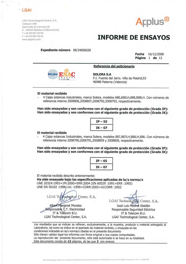 Certificado de producto APPlus serie estancas