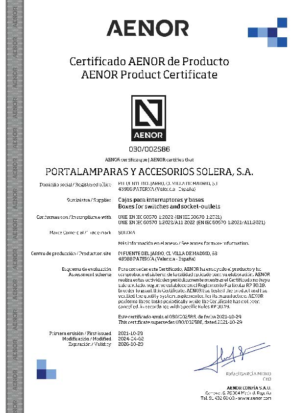 Certificado de producto AENOR de las cajas de mecanismos Blue