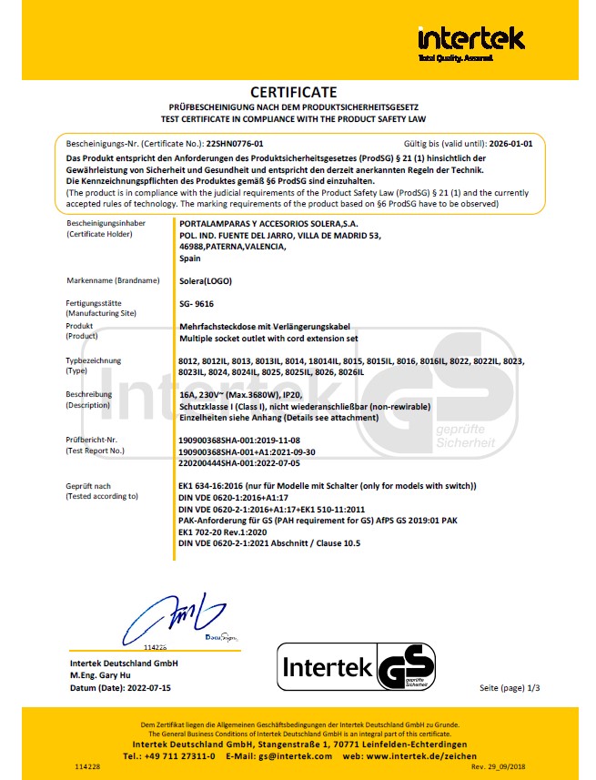 Certificat de produs Intertek GS cu cablu din seria 8000