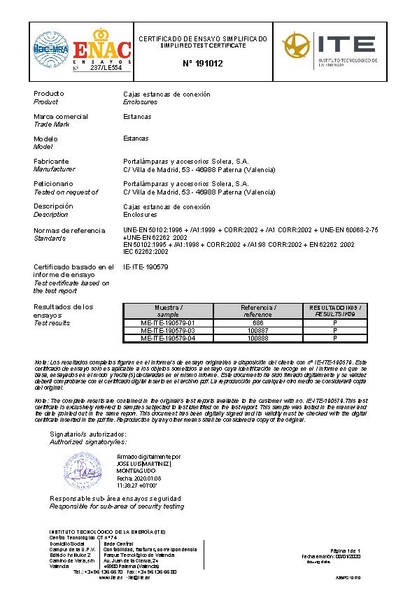 Sealed boxes IK09 product certificate 