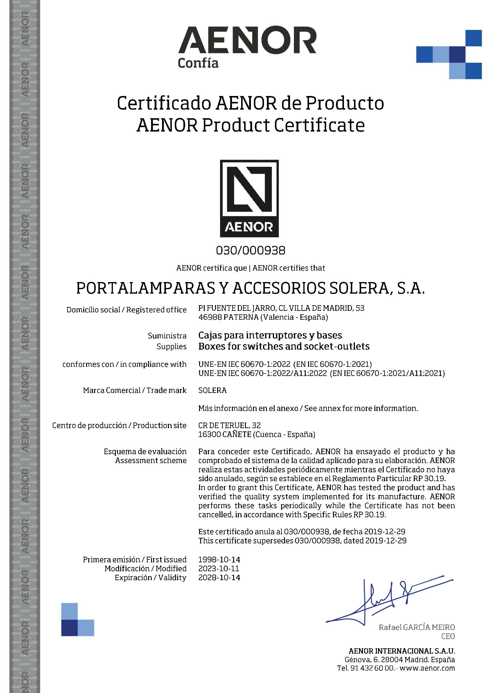 Certificat de produit AENOR 6625