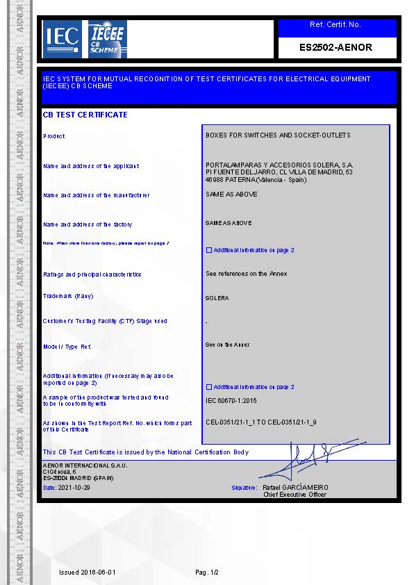 Certificado de producto CB de las cajas de mecanismos blue