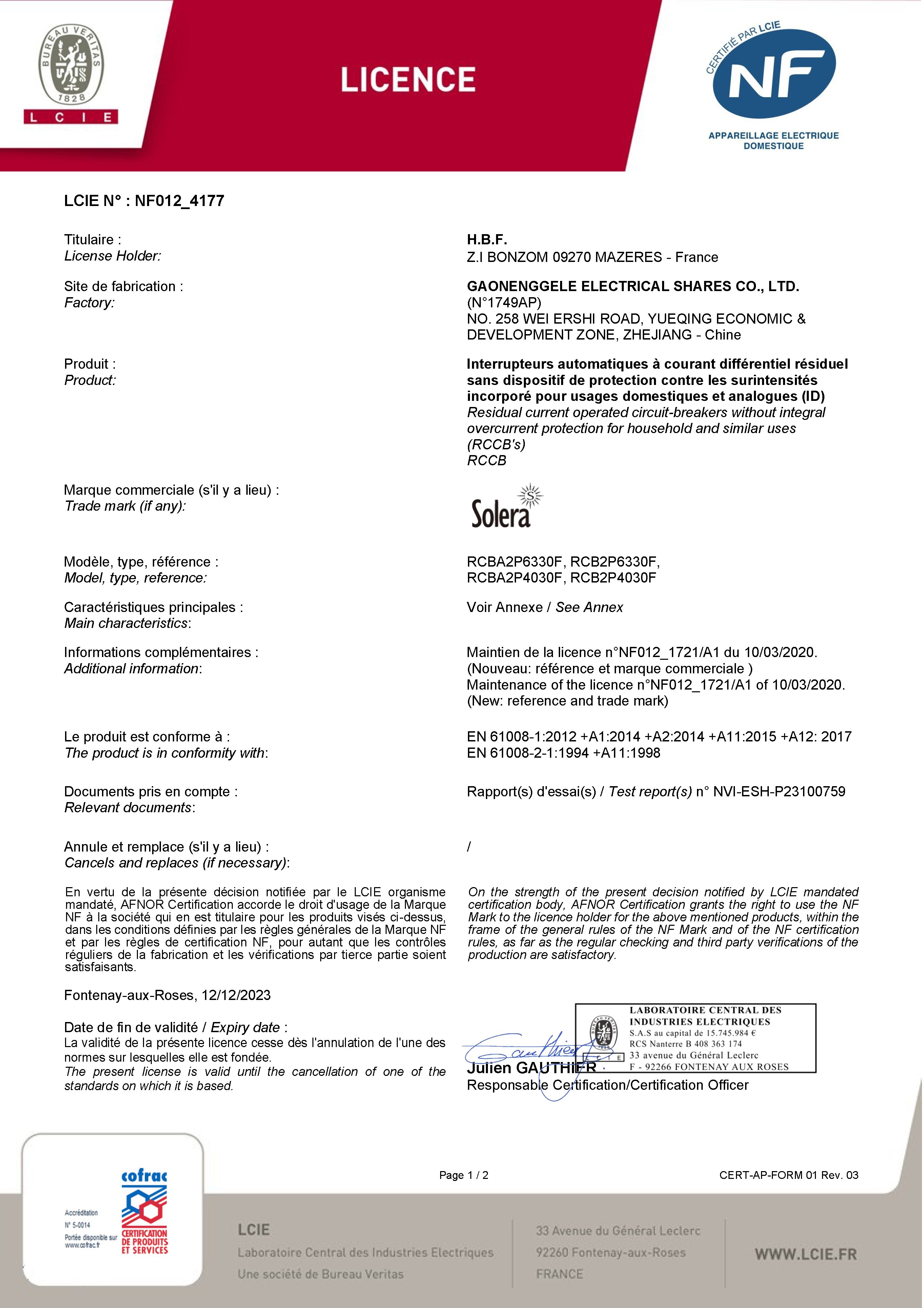 Certification de produit NFpour Disjoncteurs différentiels
